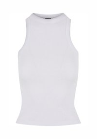 White ribbed tank top featuring a high neck and fitted silhouette. The fabric has a smooth texture with subtle stretch.