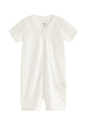 Kortærmet hvid babyheldragt med lille beige stregmønster og lynlås foran, størrelse EU 68, lavet af blødt stof.