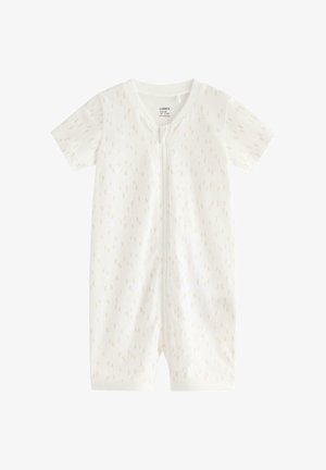 Kortærmet hvid babyheldragt med lille beige stregmønster og lynlås foran, størrelse EU 68, lavet af blødt stof.