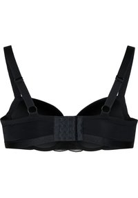 Black bra featuring adjustable straps, a smooth texture, seamless cups, a hook-and-eye closure, and lace trim along the bottom.