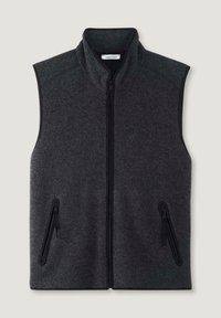 Graue Weste aus Filz mit hohem Kragen, Frontreißverschluss und zwei Seitentaschen, mit schwarzem Besatz an den Armen und Taschen.