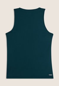 Camiseta sin mangas de color azul verdoso oscuro con textura suave, escote redondeado y detalles de costura lateral. Presenta un pequeño logotipo en el dobladillo.