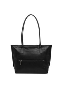 Black leather tote bag with a textured finish, dual flat handles, and a front zippered pocket. Rectangular shape with minimal accents.