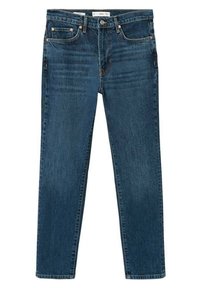 Jean en denim bleu foncé avec design cinq poches, fermeture par bouton et zip, coupe droite.