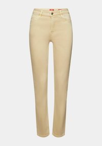 Jeans rectos de mezclilla en color beige claro, fabricados en una mezcla de algodón, con una cinturilla que cuenta con cinco pasadores para cinturón, bolsillos frontales y un único botón superior de cierre.