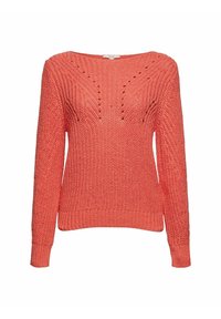 Koronkowy sweter w kolorze koralowym z szerokim dekoltem, długimi rękawami i skomplikowanymi wzorami. Ma teksturowany materiał oraz ściągacze na rękawach i u dołu.