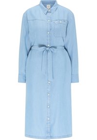 Valkoinen sininen farkkupaita-mekko pitkillä hihoilla, napit edessä, rintatasku, kaulus ja vyö vyötäröllä.