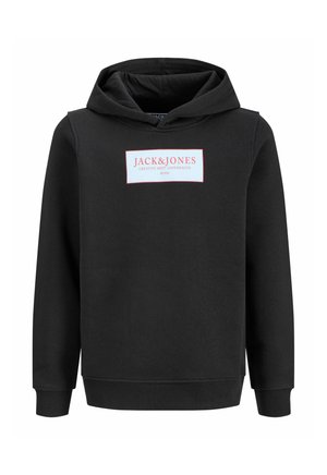Zwarte hoodie met een grafisch ontwerp op de voorkant met "JACK&JONES" en een rechthoekig label. Zacht materiaal, lange mouwen en een verstelbare capuchon.