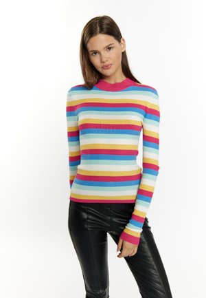 Geribbelde gebreide pullover met lange mouwen, voorzien van horizontale strepen in blauw, roze, geel en crème. Met een hoge hals en een getailleerd ontwerp.