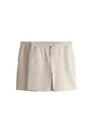 Hellbeige elastische Taillenshorts mit Kordelzugverschluss, von vorne gezeigt, auf weißem Hintergrund.