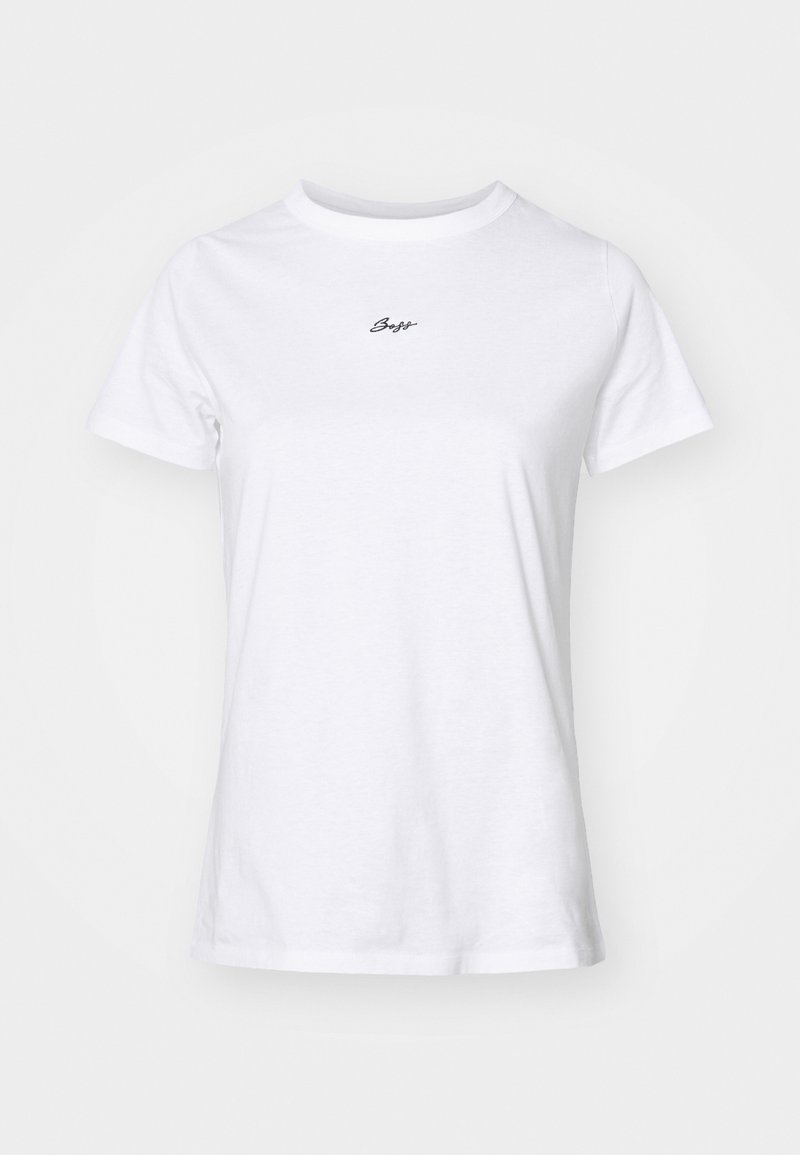 T-shirt en coton blanc avec un col rond, des manches courtes et un petit logo en cursive noir sur la poitrine. Texture lisse, coupe régulière.