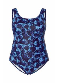 Badedragt med et mønster i blå og lilla leopardprint. Fremstillet af glat, strækbart stof med brede stropper og en bescheiden halsudskæring.