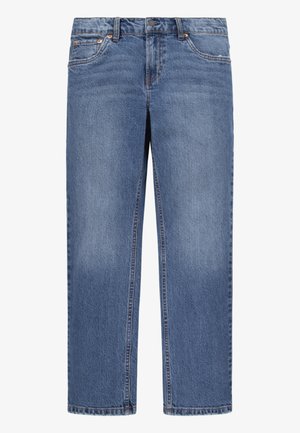 Helleblaue Jeans im geraden Schnitt mit fünf Taschen, Kupfernieten und sichtbarem Nähakzent.