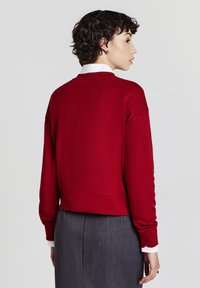 Pullover rosso con scollatura rotonda e polsini a costine. Presenta un design corto, una consistenza morbida e una vestibilità comoda. Gonna grigia visibile nella parte inferiore.