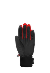 Schwarze Handschuhe mit roten Akzenten, aus strukturiertem Material gefertigt. Sie haben einen enganliegenden Bund, flexible Finger und einen sicheren Riegel für einen festen Sitz.