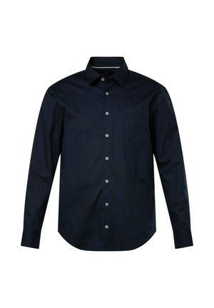 Chemise à manches longues bleu marine en tissu lisse, dotée d'un col boutonné, d'une poche et d'une fermeture à bouton sur le devant.