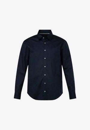 Mørkeblå langærmet skjorte lavet af glat stof, med en button-down krave, lomme og knaplukning foran.