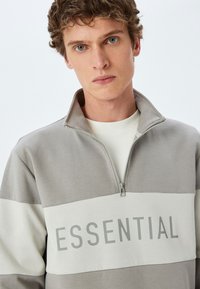 Ljusgrå sweatshirt med dragkedja i kragen, med en mörkgrå rand och ordet "ESSENTIAL" tryckt i ljusgrått. Slät tygtextur.