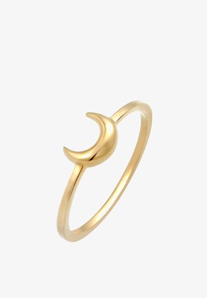 Złoty pierścionek z motywem księżyca w kształcie półksiężyca na cienkiej obrączce. Gładkie, polerowane wykończenie w minimalistycznym stylu.