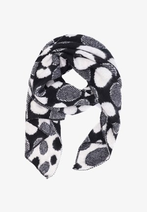 Sciarpa a righe in bianco e nero, con grandi pois e motivi a scacchi. Tessuto morbido e testurizzato con bordi sfrangiati.