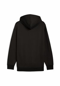 Sudadera negra, tela suave, mangas largas, bolsillo canguro, puños y dobladillo acanalados, capucha ajustable con cordón, diseño liso.