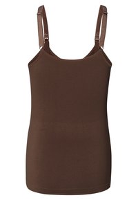 Bruine geribde tanktop met verstelbare bandjes, fitted ontwerp en een gladde textuur, met een naadloze constructie voor comfort.