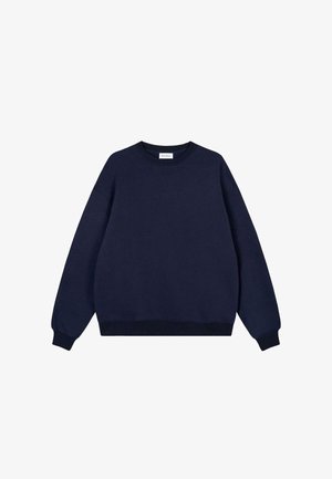 Navy blue sweatshirt made of cotton blend, featuring a classic crew neck, ribbed cuffs, and a relaxed fit, with a subtle logo on the chest.