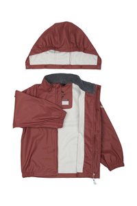 Vandafvisende maroon jakke med elastiske manchetter, grå foring i kraven og aftagelig hætte. Har trykknapper og en fuld frontlynlås.