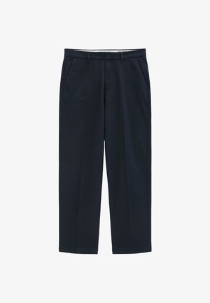 Donkerblauwe rechte herenbroek met riemlussen, steekzakken aan de voorkant en een ritssluiting.