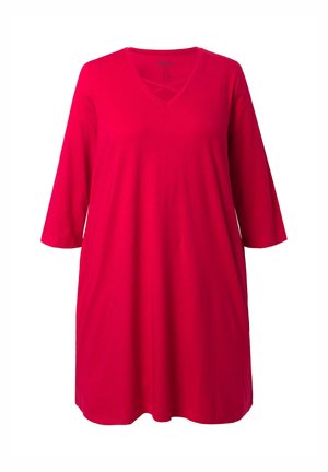 Červené bavlněné tunikové šaty s tříčtvrtečními rukávy, výstřihem do V a volným střihem. Hladká textura, jednobarevné bez viditelných vzorů.