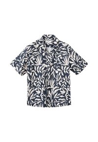 Camisa de manga corta en tejido azul marino con un estampado botánico blanco que incluye hojas y bayas. Cuello abotonado y diseño de corte relajado.