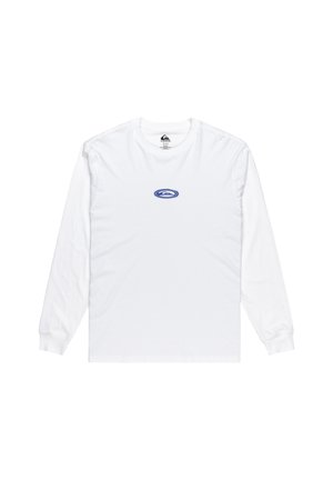 T-shirt bianca a maniche lunghe in cotone, con un piccolo logo grafico blu al centro, colletto girocollo e polsini a costine.