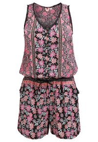 Combi-short à imprimé floral avec un fond noir, des fleurs roses et bleues, des boutons sur le devant et une taille élastique avec cordon de serrage.