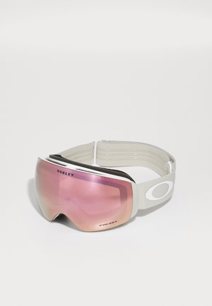 Oakley skijaške naočale s velikim, ogledalnim ružičastim staklom, bijelim okvirom i sivo podešavajućom trakom, s pjenastim oblogom za udobnost.