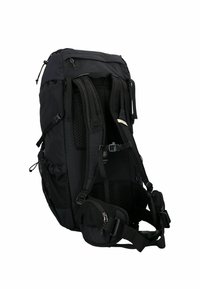 Zaino nero con schienale in rete imbottito, spallacci regolabili, multiple tasche e cerniere. Materiale resistente e design strutturato per supporto.