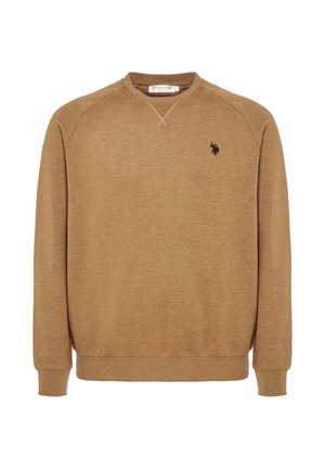 Felpa in cotone marrone con maniche lunghe, scollo rotondo, polsini e orlo a coste, con un piccolo logo scuro sul petto a sinistra.