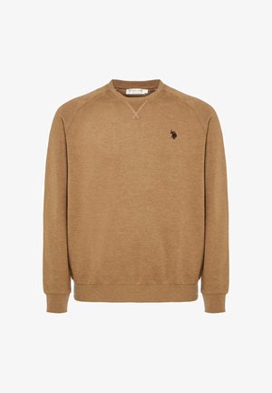 Felpa in cotone marrone con maniche lunghe, scollo rotondo, polsini e orlo a coste, con un piccolo logo scuro sul petto a sinistra.