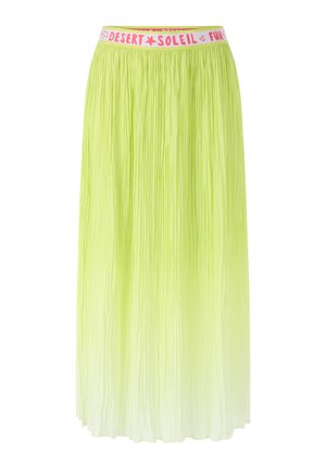 Long lime green pleated skirt with white ombre effect and pink elastic waistband featuring red text and symbols.