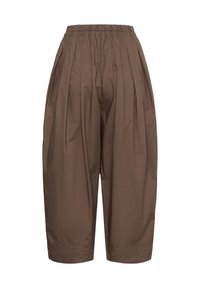 Loose brown cropped pants with an elastic waistband and pleats at the front.