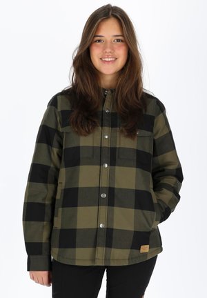 Green and black checked jacket with a button-up front, two chest pockets, and a logo patch on the lower right. Lightweight fabric.