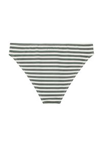Žaliai baltos spalvos dryžuotos bikini kelnaitės, turinčios žemą juosmenį. Pagamintos iš lengvos medžiagos su lygia tekstūra.