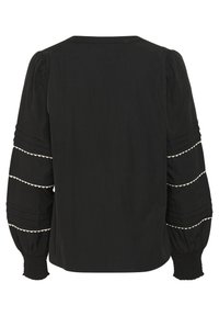 Schwarze Bluse mit puffärmel, die mit strukturierten Falten und weißen, gewellten Akzenten versehen ist. Elastische Bündchen und einfaches Rückendesign.