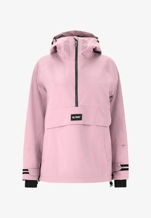 Hellrosa wasserdichte Jacke mit einem Frontreißverschluss, Kapuze und Mesh-Akzenten. Enthält ein Logo auf der Brust und schwarze gestreifte Ärmelbündchen.