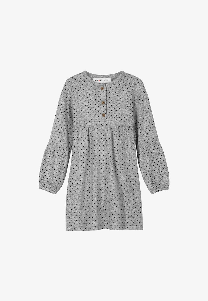 Gray dress made of textured fabric with black polka dots, round neckline, three wooden buttons, and puffed long sleeves.