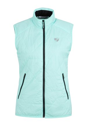 Lightweight, quilted vest in mint green with a high collar, black zipper, and two zippered side pockets for secure storage.