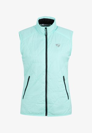 Lightweight, quilted vest in mint green with a high collar, black zipper, and two zippered side pockets for secure storage.