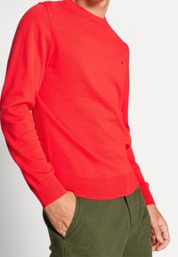 Pull en coton rouge avec un col rond et des poignets et ourlet côtelés. Présente un petit logo sur la poitrine. Associé à un pantalon vert olive.