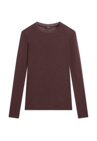 Chemise à manches longues couleur marron avec col rond et ourlet droit, posée à plat sur un fond blanc.