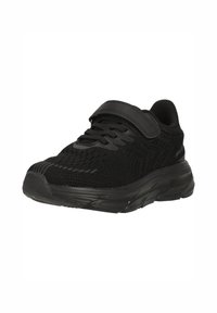 Schwarzer Sportschuh mit einem Obermaterial aus Mesh, Schnürung und Klettverschluss, gepolstertem Schaft und strukturiertem Gummisohle. Verfügt über ein elegantes Design.