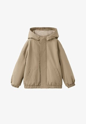 Veste à capuche beige avec poignets et ourlet élastiques, dotée de poches avant et d'un design simple et épuré, réalisée dans un matériau doux et léger.